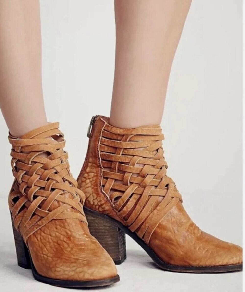 Free People Carrera Tan Leather Woven Strappy Ankle Boots Size 9 Heeled